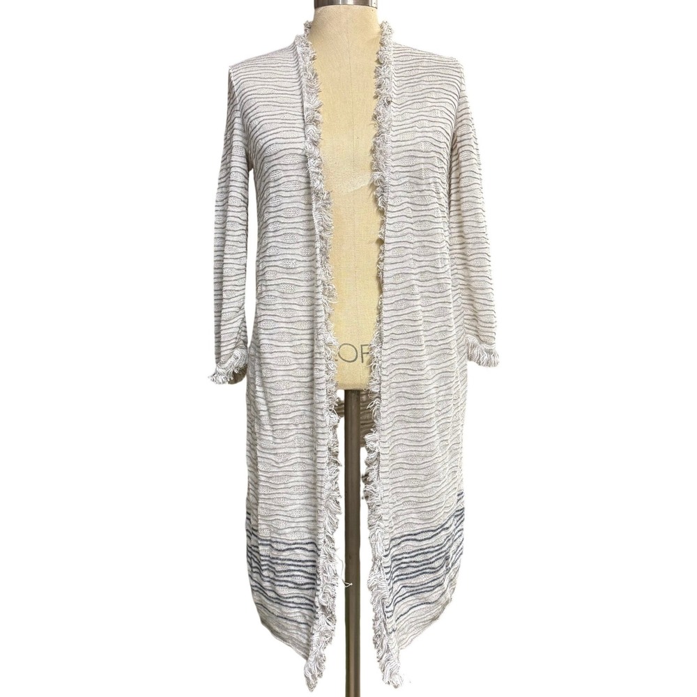 Nic+Zoe S Cardigan Gray Fringe Lightweight Linen Boho Coastal Grandma Lagenlook - Picture 1 of 6